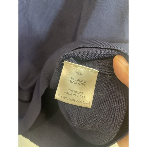 Alexia Admor Navy Blue Knit Top Size XL with Lace Trim Quiet Luxery Pearl Button - Picture 4 of 10